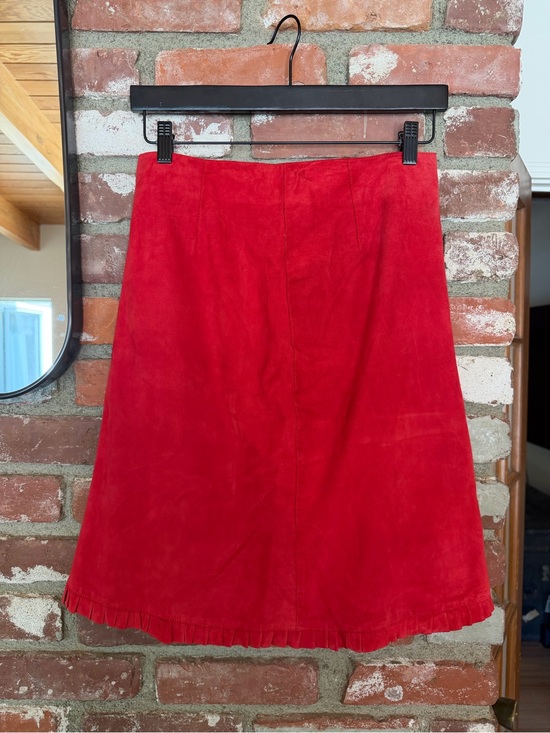 Vintage Dresses & Skirts - Vintage Red Suede A-Line Skirt with Fringe Hem